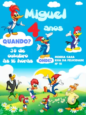 Convite de Aniversário Pica Pau e Turma para Editar Online