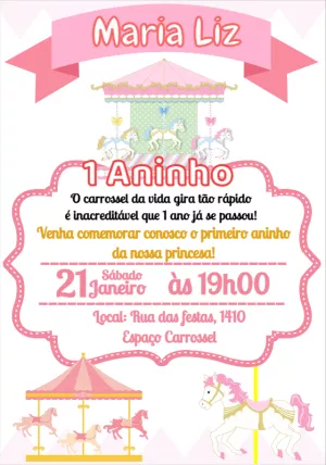 Convite de Aniversário Carrossel Rosa para Editar Online
