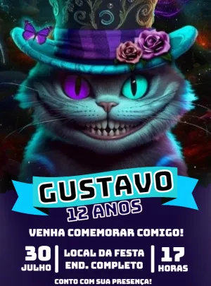 Convite Aniversário Gato Risonho Editável Online