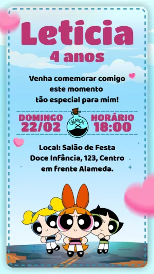 Convite de Aniversário Meninas Super Poderosas para Editar Online