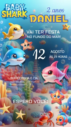 Convite de Aniversário Baby Shark Fundo do Mar para Editar