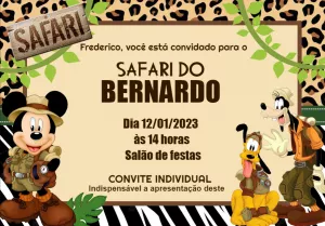 Convite de Aniversário Mickey Safari Editável para Imprimir
