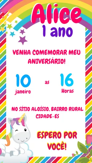 Convite de Aniversário Unicórnio e Arco Íris para Editar Online