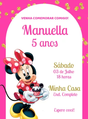 Convite de Aniversário Minnie Rosa para Editar Online