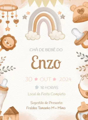 Convite Chá de Bebê Boho Brinquedos para Editar Online