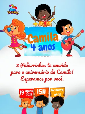 Convite Aniversário 3 Palavrinhas Editável com Personagens