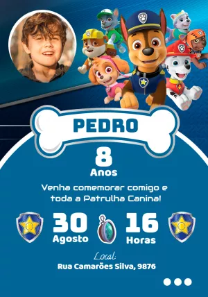 Convite de Aniversário Patrulha Canina com Foto para Editar