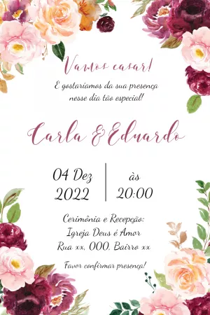 Convite de Casamento Floral Marsala e Rosé para Editar Online