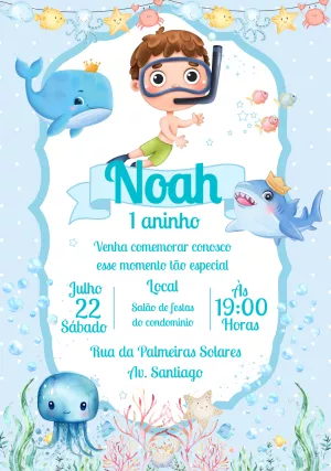 Convite Aniversário Fundo do Mar Aquarela para Editar Online