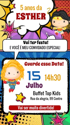 Convite Aniversário Super-Heroínas para Editar Online