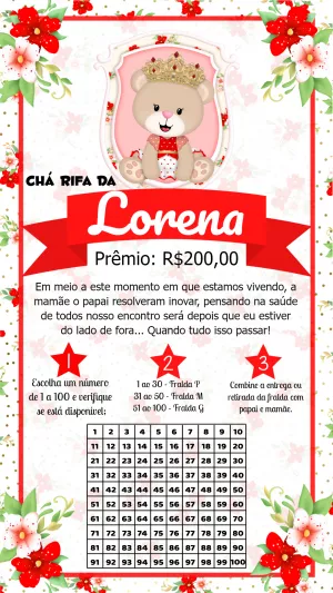Convite Chá Rifa Ursinha Princesa Floral para Editar Online