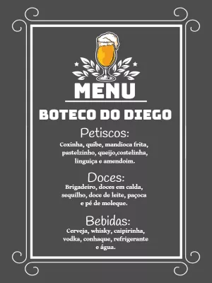 Cardápio Editável Online para Aniversário Tema Boteco