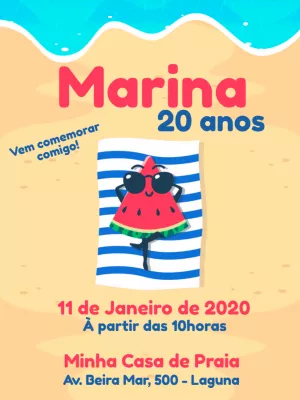 Convite de Aniversário Praia e Melancia para Editar Online