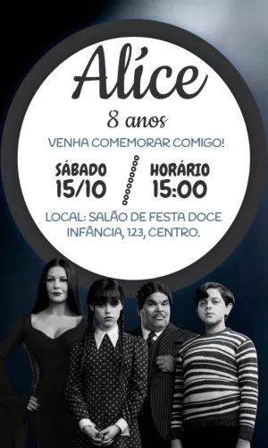 Convite Aniversário Wandinha Addams com a Família para Editar