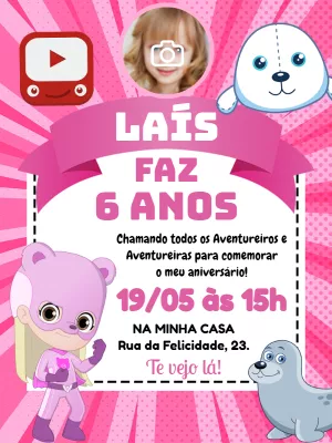 Convite Aniversário Aventureira Rosa com Foto para Editar Online
