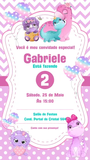 Convite Aniversário Dinossauro Menina para Editar Online