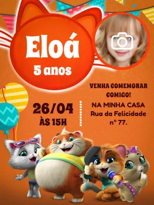 Convite Aniversário 44 Gatos com Foto para Editar Online