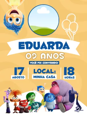 Convite Aniversário Divertida Mente 2 com Foto para Editar