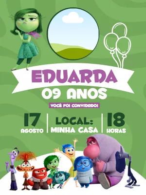Convite Aniversário Divertida Mente com Foto para Editar Online