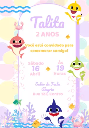 Convite Aniversário Baby Shark Menina para Editar Online