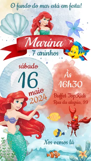 Convite Aniversário A Pequena Sereia para Editar Online