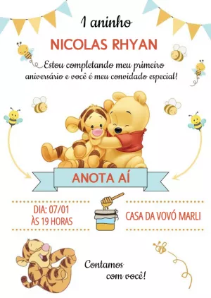 Convite de Aniversário Ursinho Pooh e Amigos para Editar Online