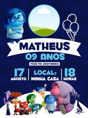 Convite Aniversário Divertida Mente com Foto para Editar Online