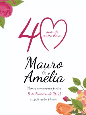 Convite de Bodas 40 Anos Floral com Coração para Editar