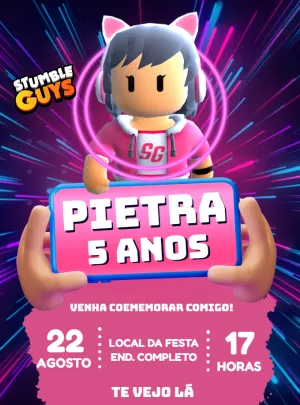 Convite Aniversário Stumble Guys Rosa para Editar Online