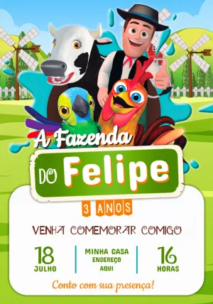Convite Aniversário Fazendinha com Animais para Editar Online