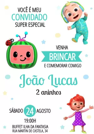 Convite de Aniversário Cocomelon com Personagens para Editar