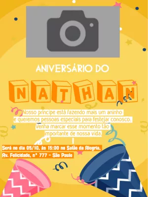 Convite de Aniversário Infantil com Blocos e Foto para Editar