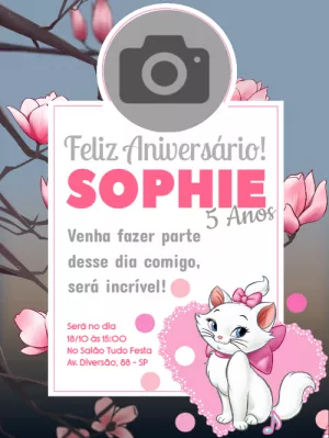 Convite Aniversário Gata Marie com Foto para Editar Online
