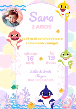 Convite Aniversário Baby Shark com Foto para Editar Online