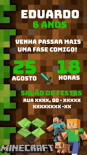 Convite de Aniversário Minecraft com Personagens para Editar