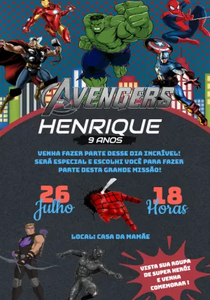 Convite Aniversário Vingadores com Heróis para Editar Online