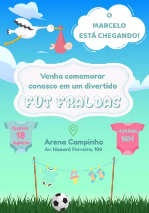 Convite Fut Fraldas de Menino com tema Futebol para Editar