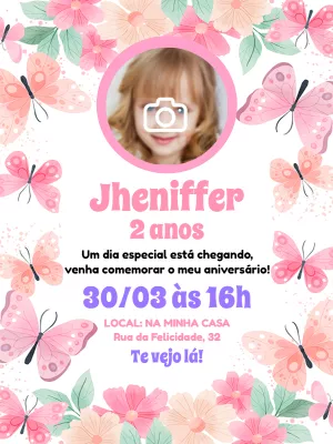 Convite Aniversário Jardim das Borboletas com Foto para Editar