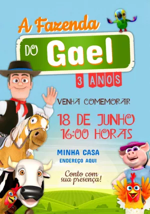 Convite Aniversário Fazendinha com Personagens para Editar Online