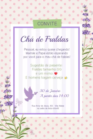 Convite Chá de Fraldas Lavanda Floral para Editar Online