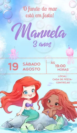 Convite Aniversário A Pequena Sereia Ariel para Editar Online