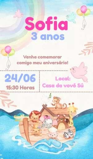 Convite Aniversário Arca de Noé com Animais para Editar