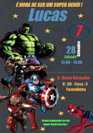 Convite de Aniversário Vingadores com Heróis para Editar