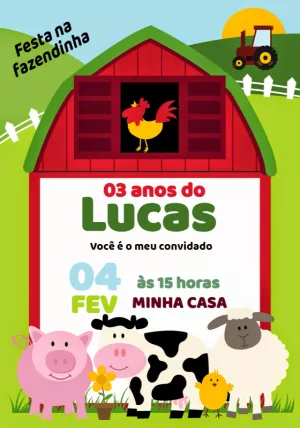 Convite Aniversário Fazendinha com Animais para Editar Online