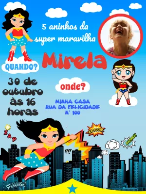 Convite Aniversário Mulher Maravilha com Foto para Editar Online