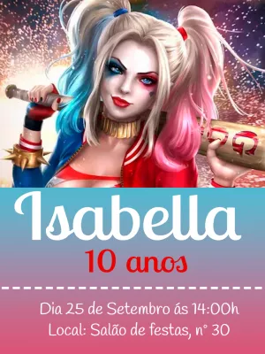 Convite de Aniversário Arlequina para Editar Online Grátis