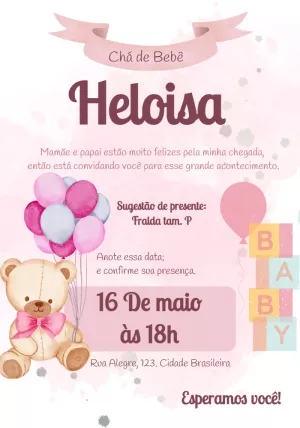 Convite Chá de Bebê Ursinha Rosa para Editar Online