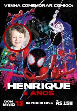 Convite Aniversário Homem-Aranha Aranhaverso com Foto para Editar