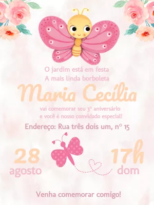 Convite de Aniversário Borboleta e Flores Editável Online