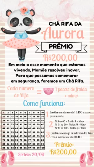 Chá Rifa Panda Bailarina Convite Editável Online